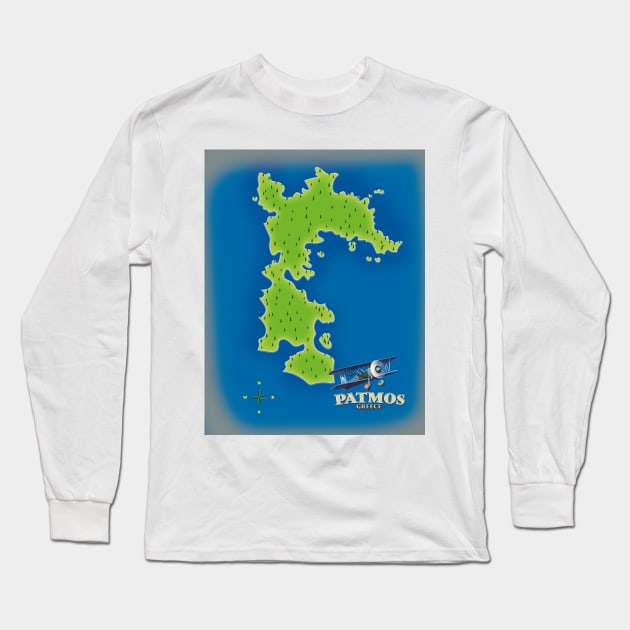 Patmos Greece island map Long Sleeve T-Shirt by nickemporium1